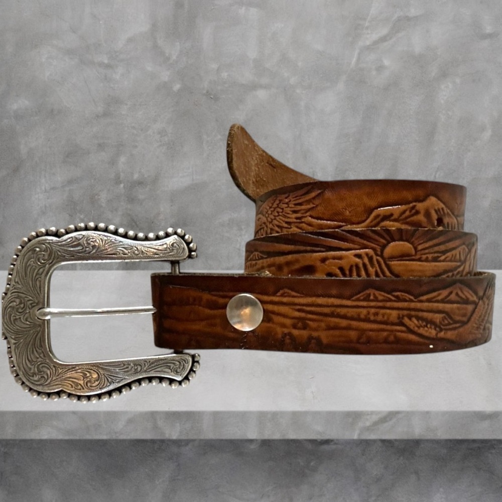 vintage TOOLED buckle belt EAGLE leather 36 america WESTERN harley USA cowhide